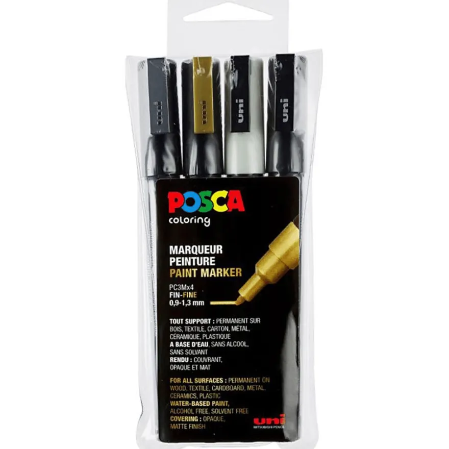 Posca-tuscher PC-3M – Svart/guld/silver/vit, 4 st.