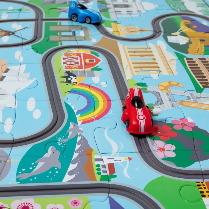 Pussel med 48 bitar - Jorden runt, inkl. 2 bilar