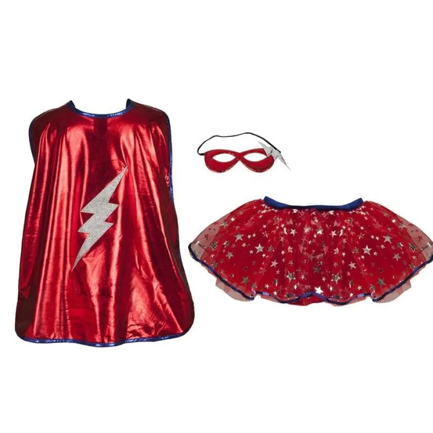 Superhero med kjol, mantel, och mask